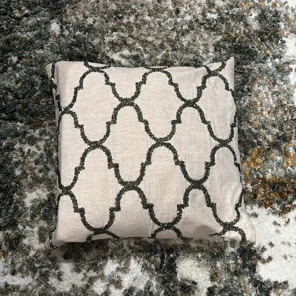 Pottery Barn Cream & Silver Pewter Beaded Sequins Geometric Tile Pillow